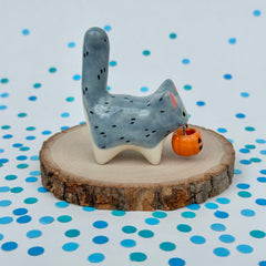 Tuxedo Tabby Cat with Pumpkin Trick-or-Treat Basket