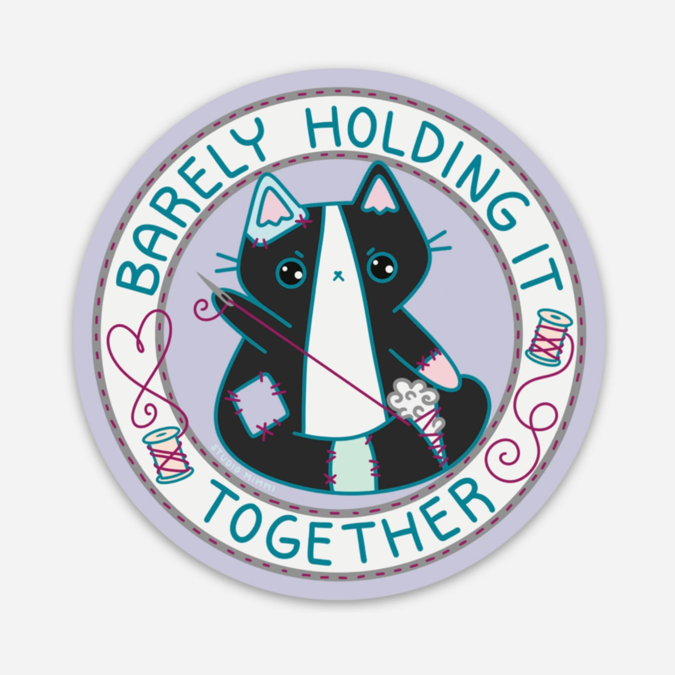 “Barely Holding It Together” Stitched Cat Vinyl Sticker