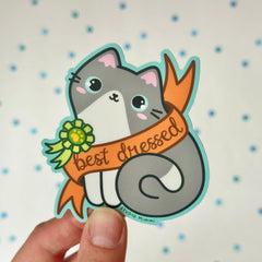 “Best Dressed” Banner - Gray Tuxedo Cat - Vinyl Sticker