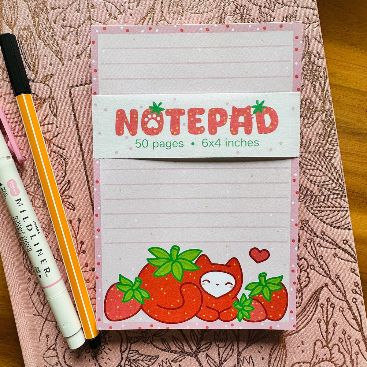 Strawberry Cat Notepad - 50 pages
