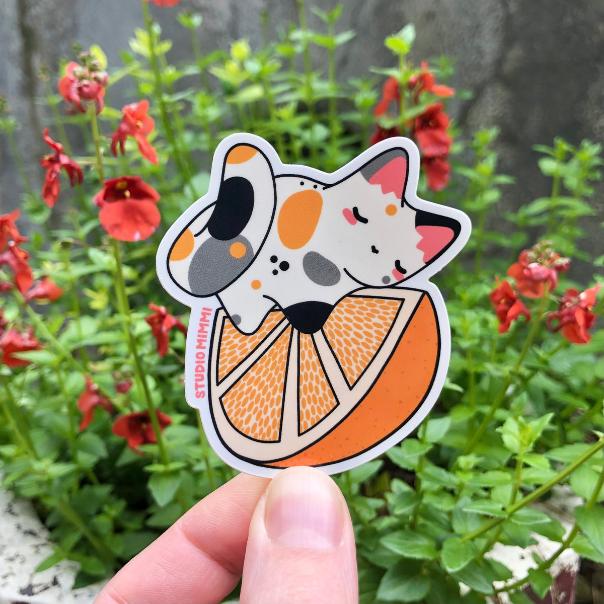 Calico Cat on Orange Slice Vinyl Sticker